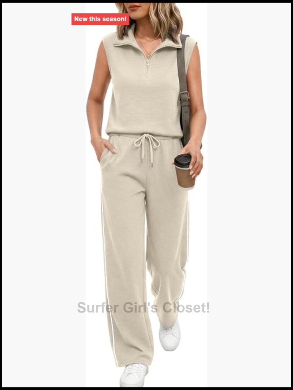 Two Piece Lounge Set - Half Zip Sleeveless Top & Wide Leg Pants